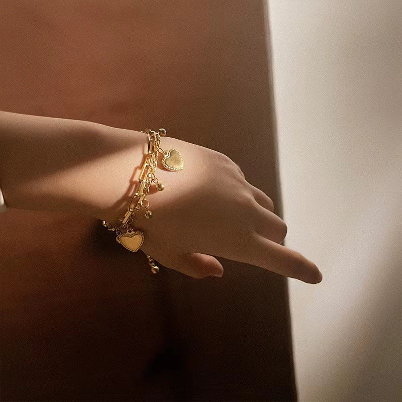 Just Lil Things Artificial Golden Heart Charm Bracelet & Link Chain Duo – Elegant Layered Set    Bracelets