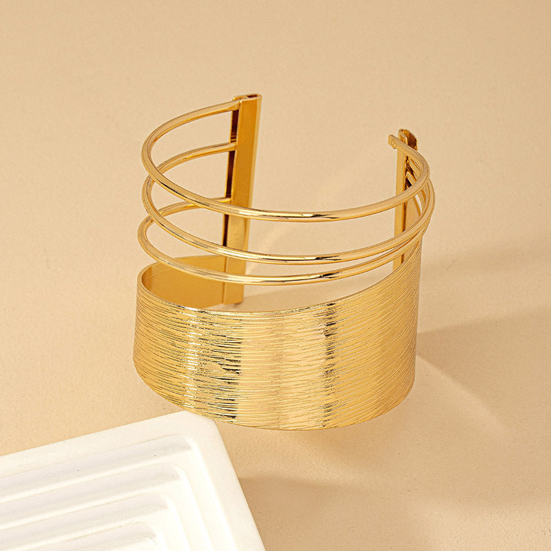 JustLilThings Artificial Golden Textured Wide Cuff Bracelet Modern Layered Design jltb0486