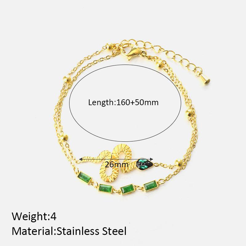 Serpent Charm Bracelet with Green Gem Accents – Dual Layer Gold Chain JLTB0547