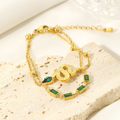 Serpent Charm Bracelet with Green Gem Accents – Dual Layer Gold Chain JLTB0547