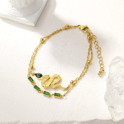 Serpent Charm Bracelet with Green Gem Accents – Dual Layer Gold Chain JLTB0547