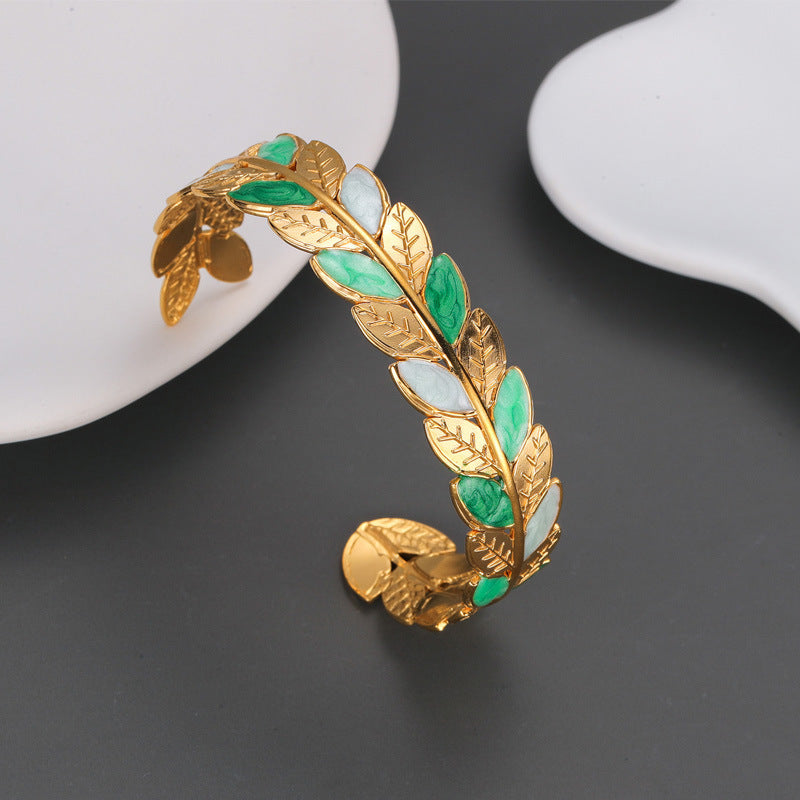 Gold Leaf Enamel Cuff Bracelet – Nature Inspired Adjustable Design JLTB0553