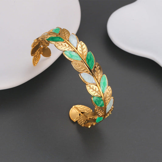 Gold Leaf Enamel Cuff Bracelet – Nature Inspired Adjustable Design JLTB0553