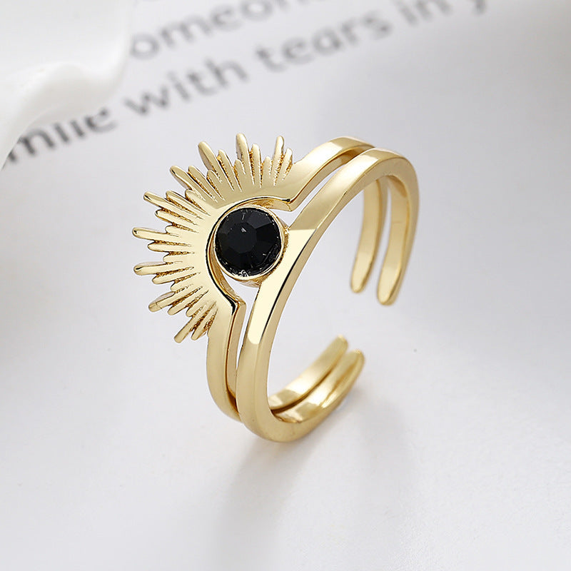 Artificial Golden Sunburst Adjustable Ring with Black Stone jltr0221