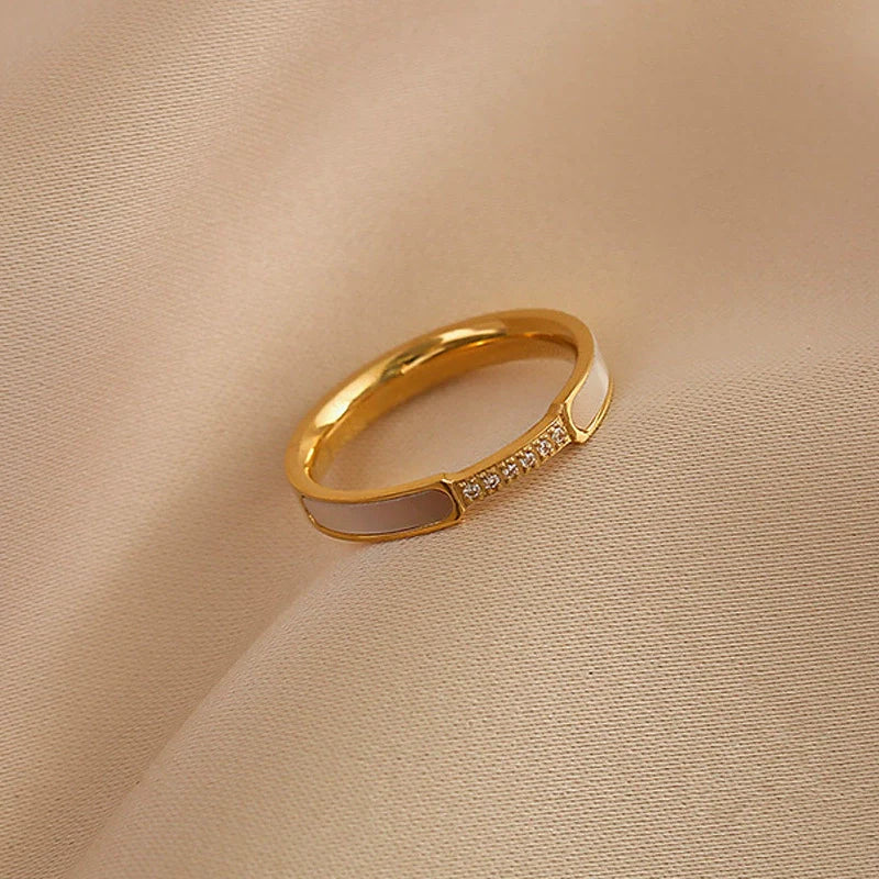 Artificial White Enamel Gold Ring with Crystal Detailing jltr0239