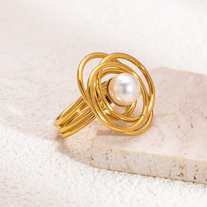 Spiral Orbit Pearl With Multi Circular Overlayered Gold Ring JLTR0429
