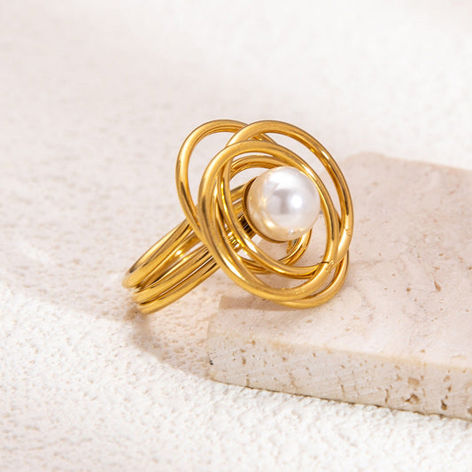 Spiral Orbit Pearl With Multi Circular Overlayered Gold Ring JLTR0429