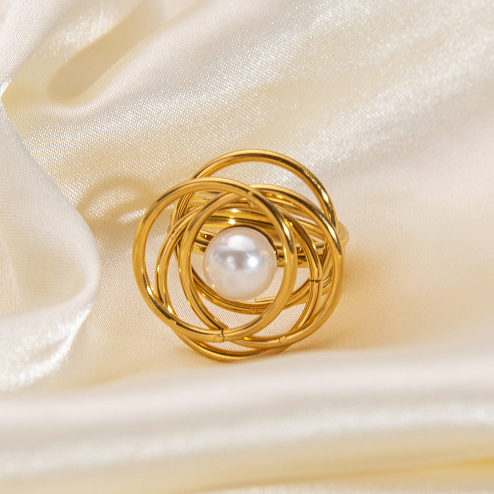 Spiral Orbit Pearl With Multi Circular Overlayered Gold Ring JLTR0429