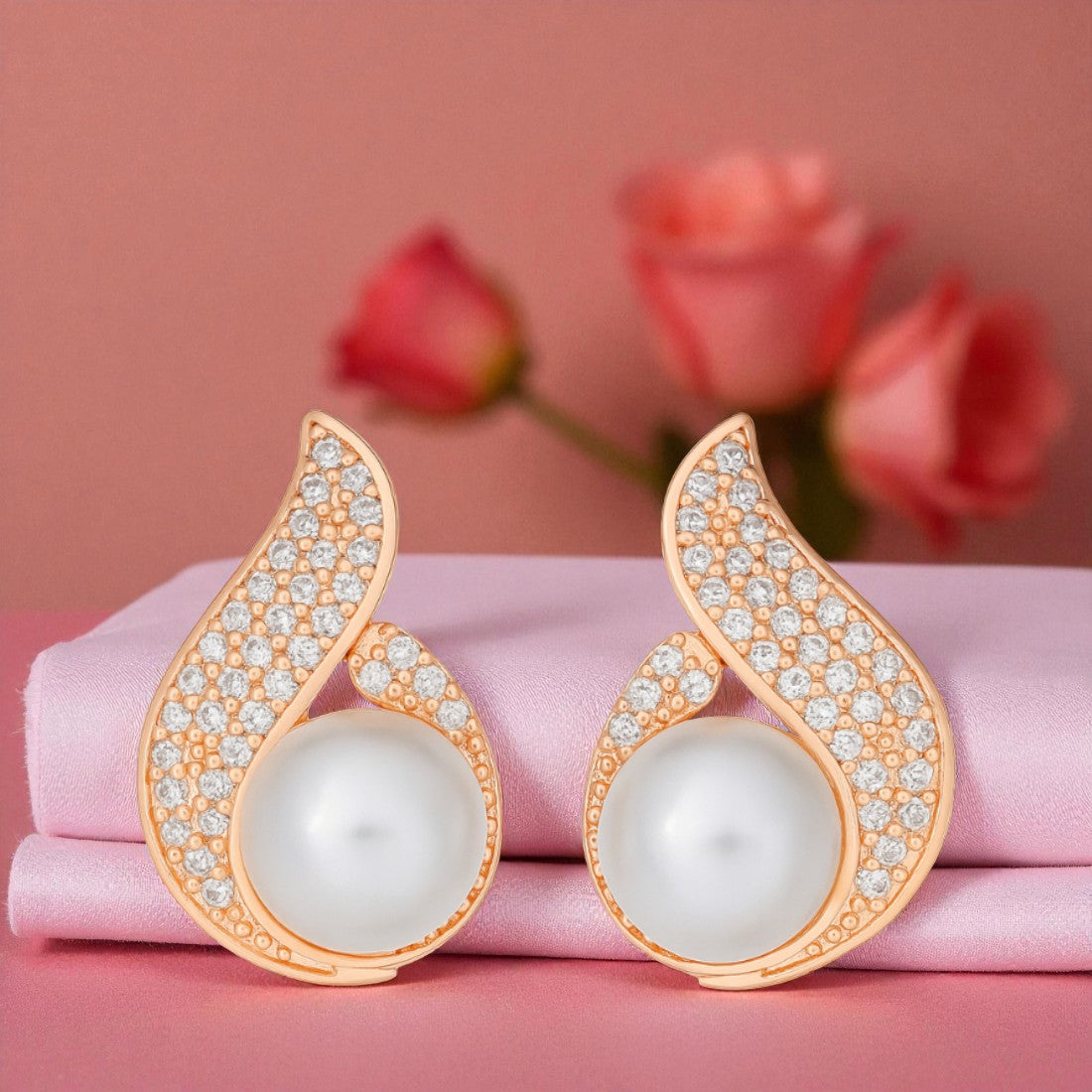 Rose Gold Plated Pearl Stud Earrings with AD Stone