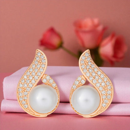 Rose Gold Plated Pearl Stud Earrings with AD Stone