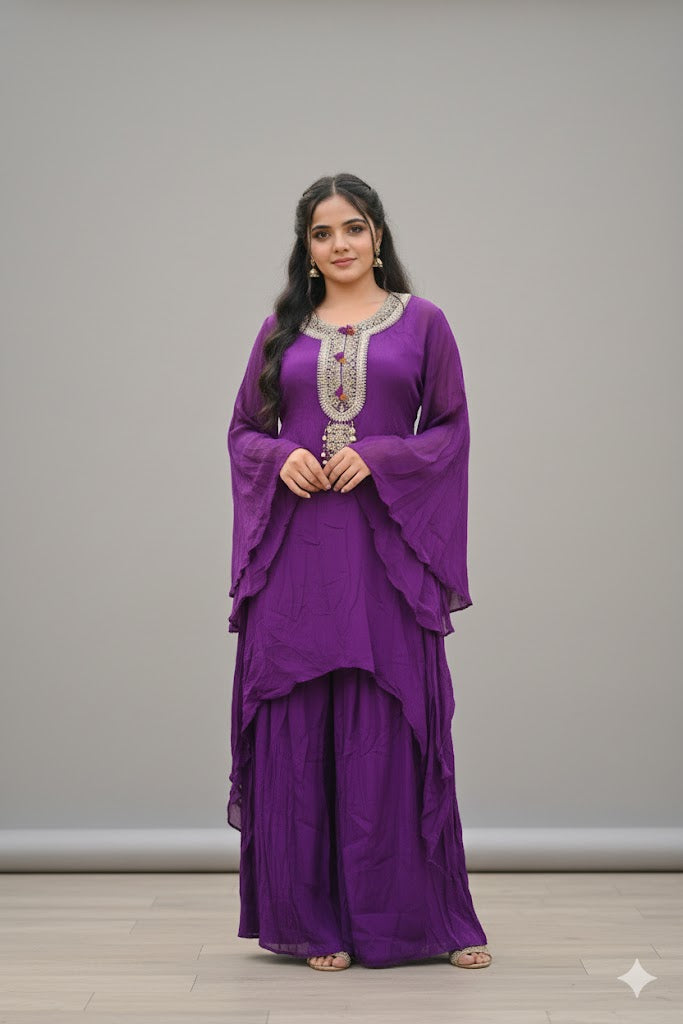 Purple Kurti And Palazzo Set With Zardozi Embroidery For Women & Girls