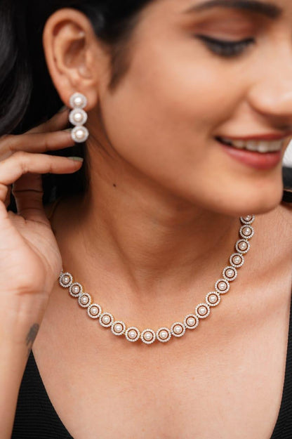 Kayla Round Pearl Diamond Necklace Set - Attrangi