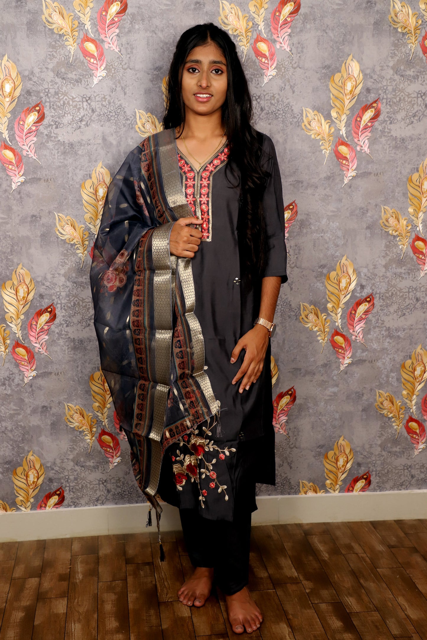 Grey Embroidered Salwar Suit With Chiffon Dupatta For Women & Girls