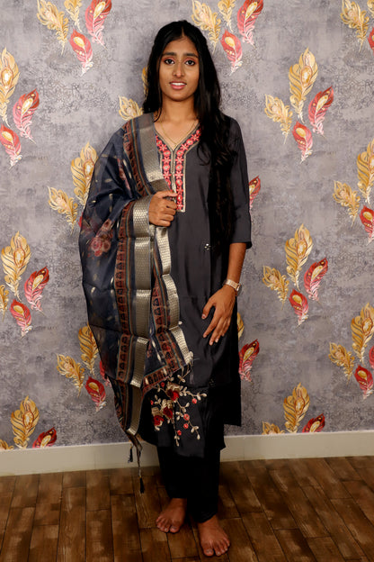 Grey Embroidered Salwar Suit With Chiffon Dupatta For Women & Girls