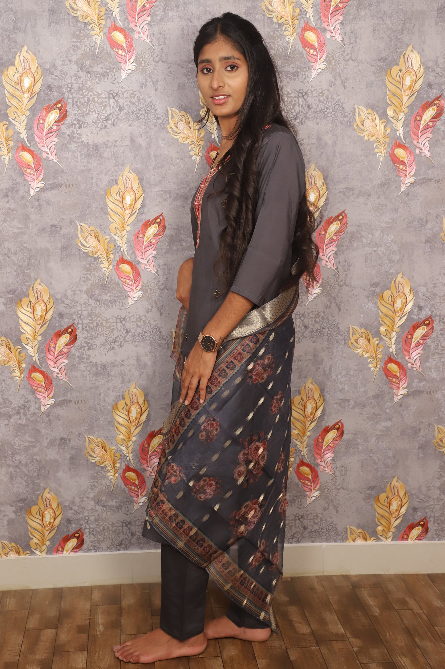 Grey Embroidered Salwar Suit With Chiffon Dupatta For Women & Girls