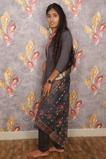Grey Embroidered Salwar Suit With Chiffon Dupatta For Women & Girls