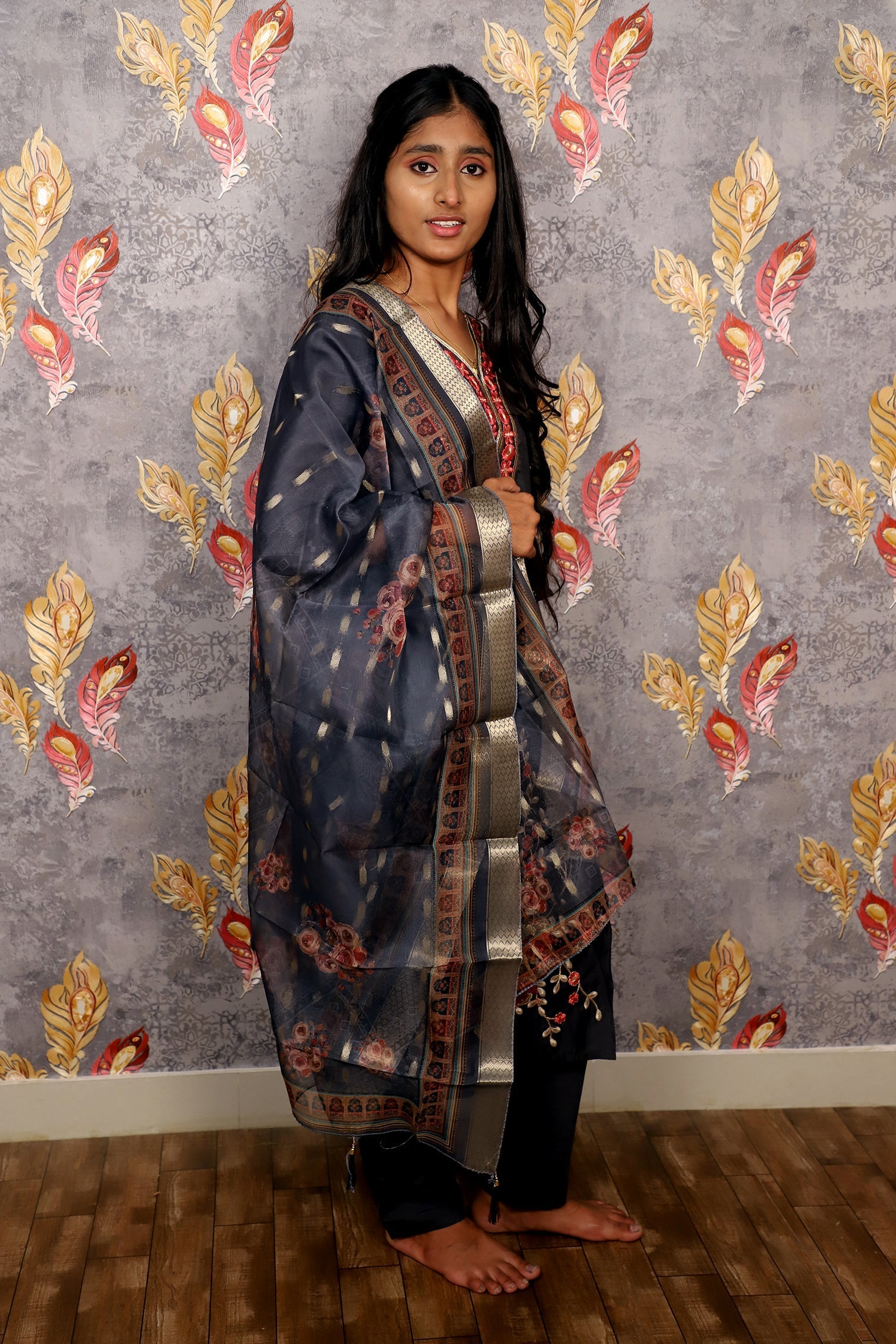 Grey Embroidered Salwar Suit With Chiffon Dupatta For Women & Girls