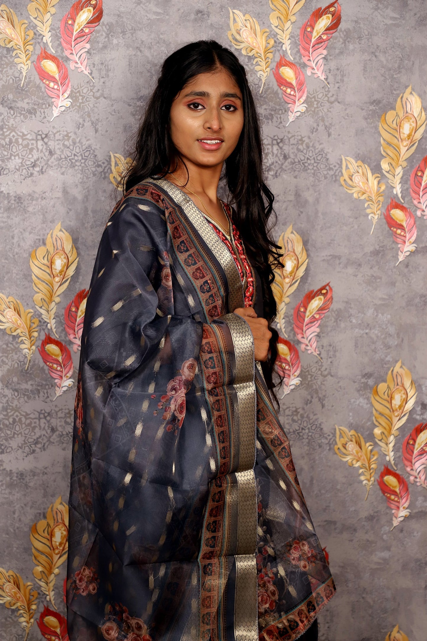 Grey Embroidered Salwar Suit With Chiffon Dupatta For Women & Girls