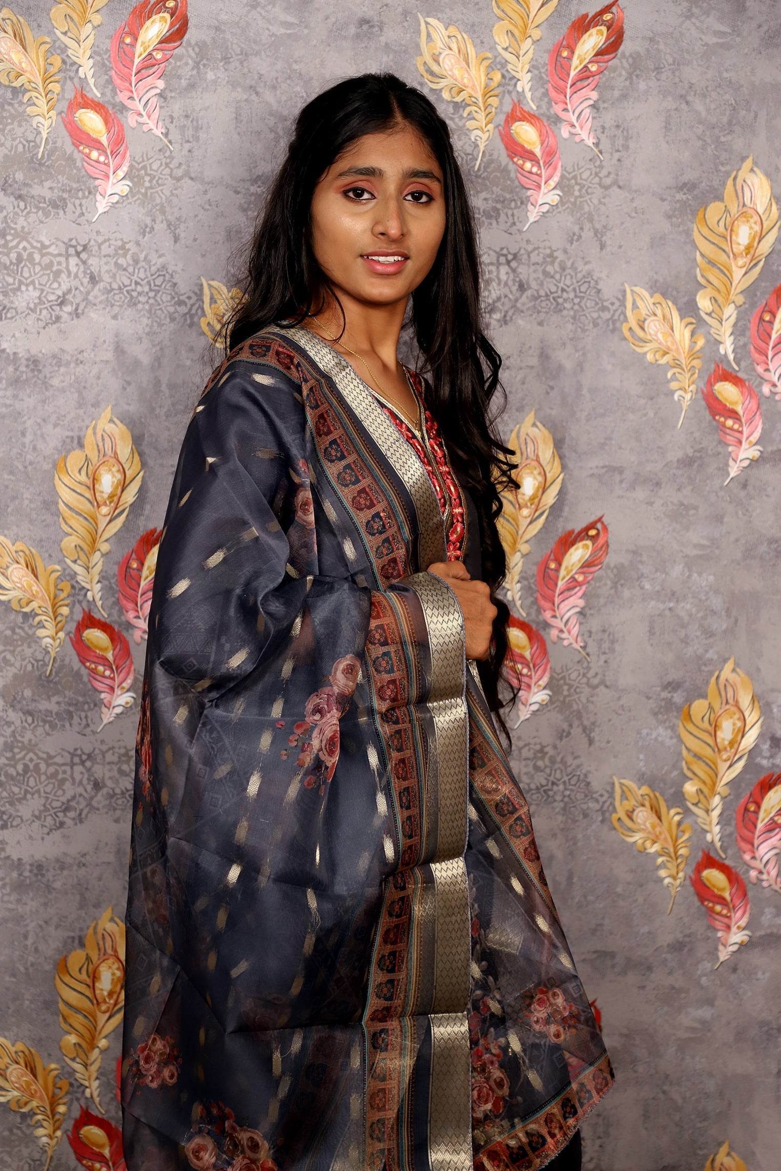 Grey Embroidered Salwar Suit With Chiffon Dupatta For Women & Girls