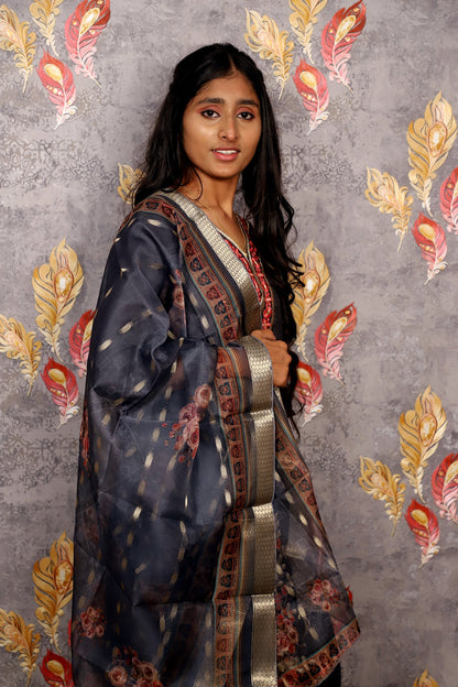 Grey Embroidered Salwar Suit With Chiffon Dupatta For Women & Girls