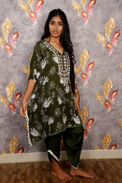Olive Green Floral Embroidered Kurti With Tulip Pants For Women & Girls