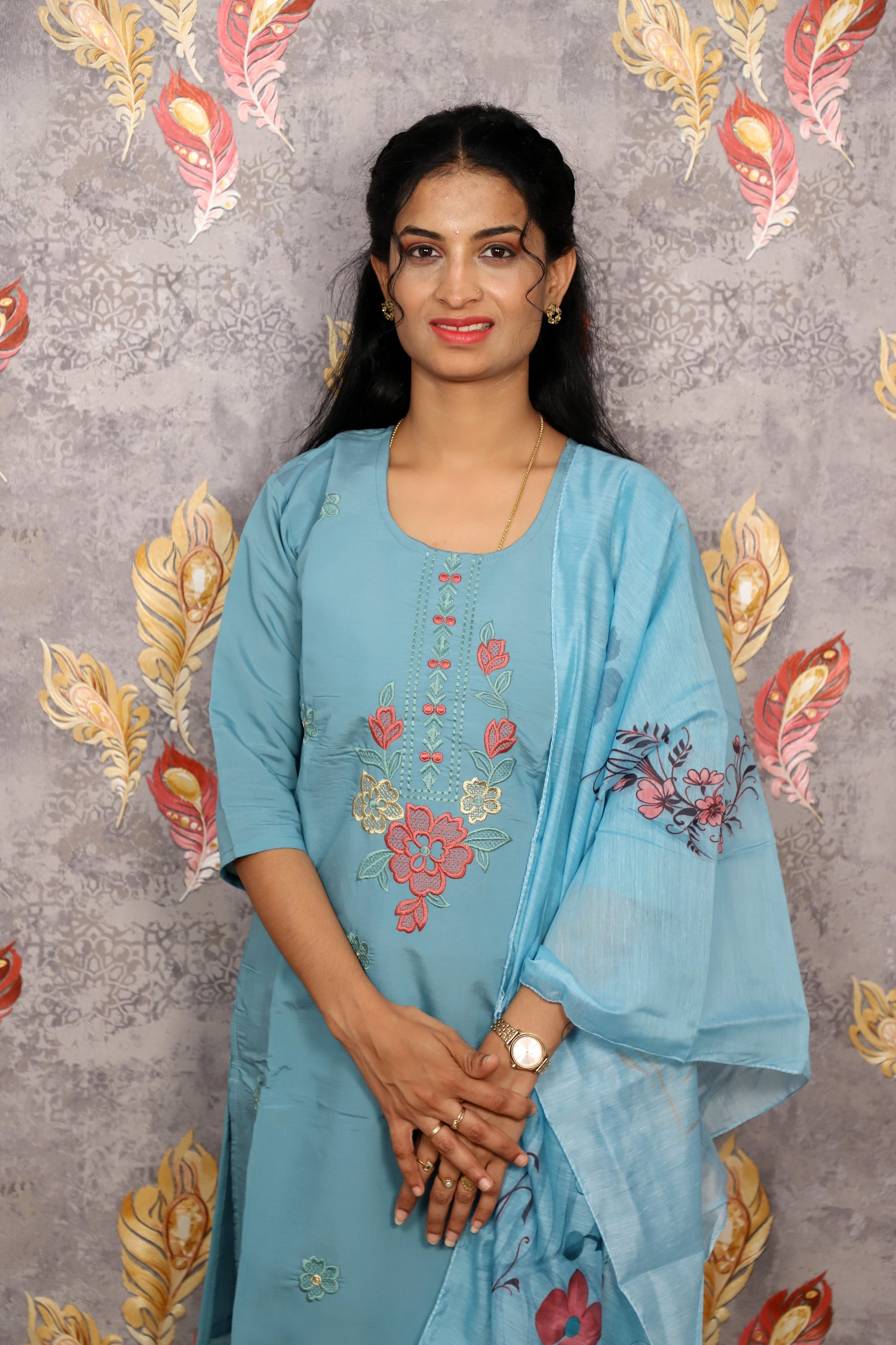 Light Blue Floral Embroidery Kurti For Women & Girls