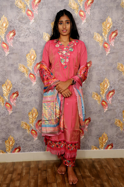 Pink Crepe Floral Printed Embroidered Sharara Kurti For Women & Girls