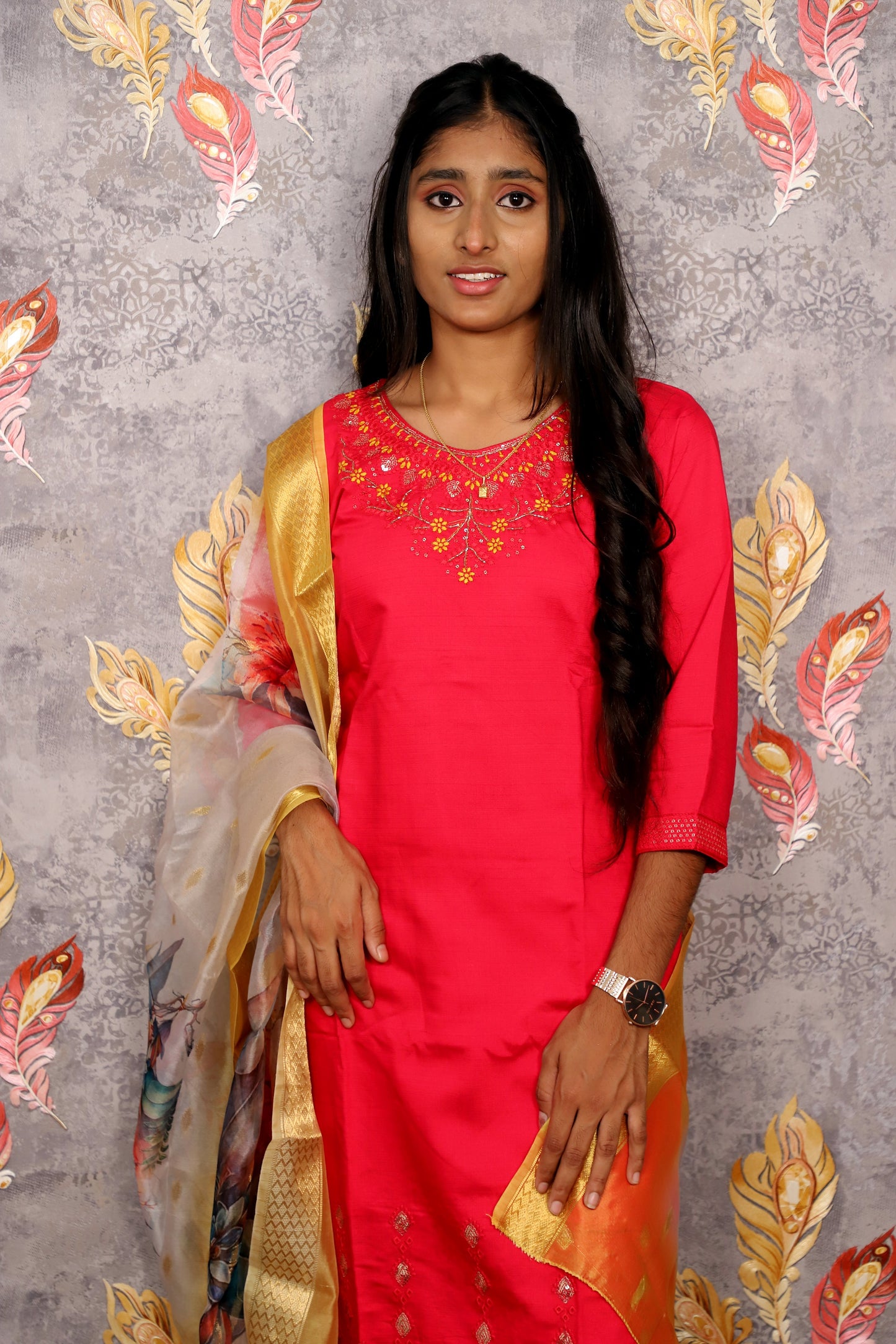 Vibrant Pink Salwar Suit With Floral Dupatta For Women & Girls