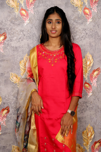 Vibrant Pink Salwar Suit With Floral Dupatta For Women & Girls
