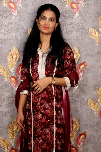 Maroon Floral Print Salwar Suit With Lace Detailing For Women & Girls