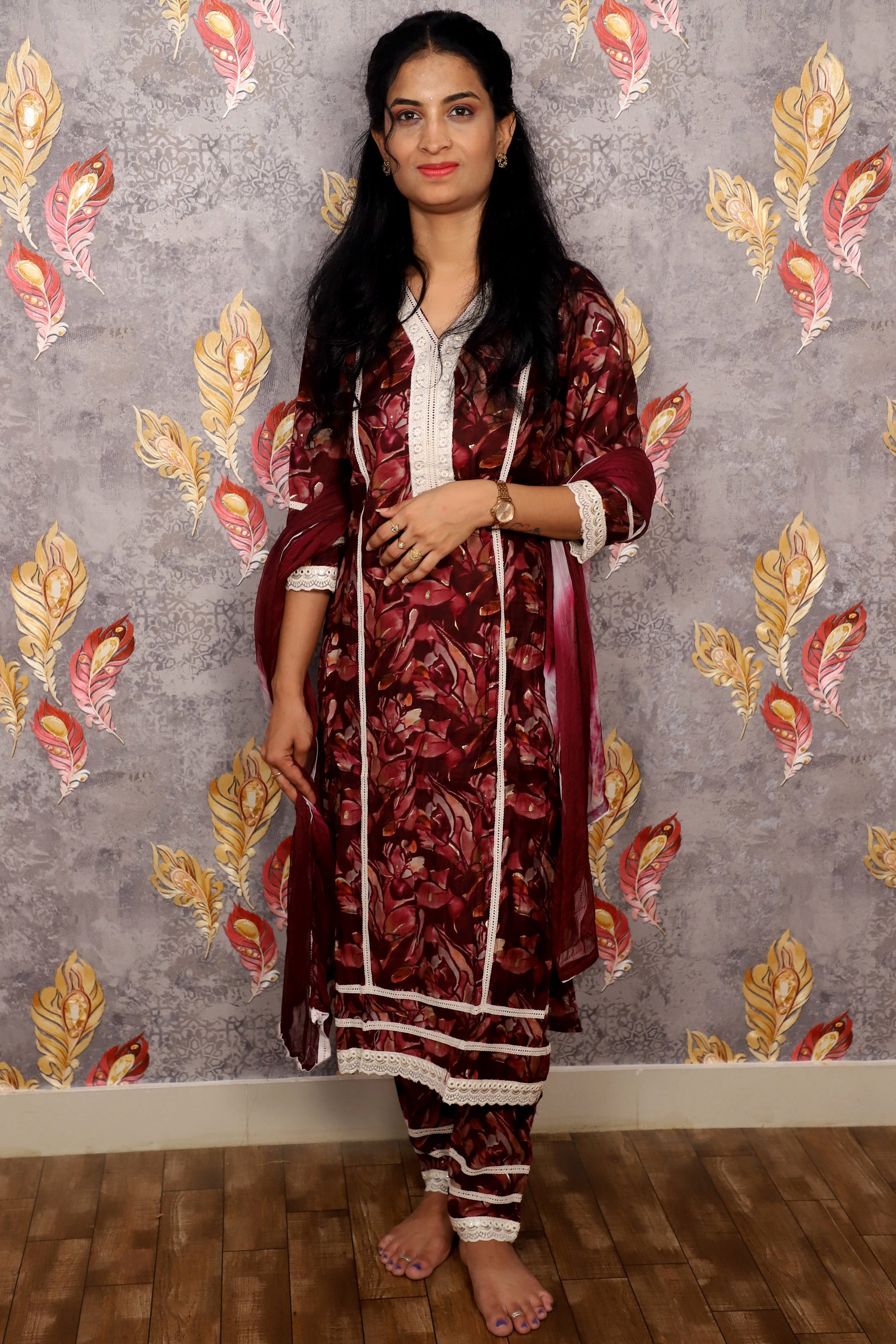 Maroon Floral Print Salwar Suit With Lace Detailing For Women & Girls