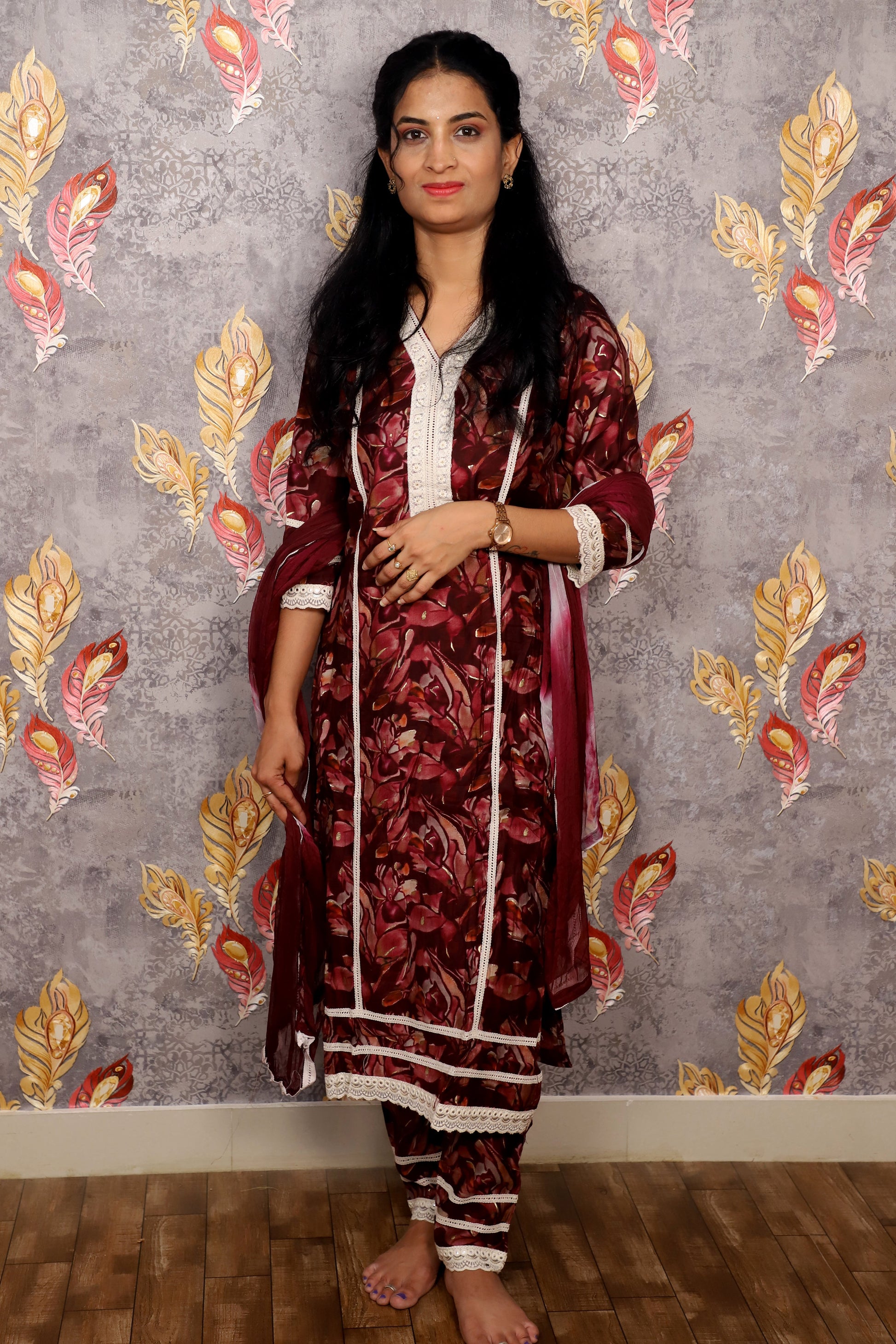 Maroon Floral Print Salwar Suit With Lace Detailing For Women & Girls