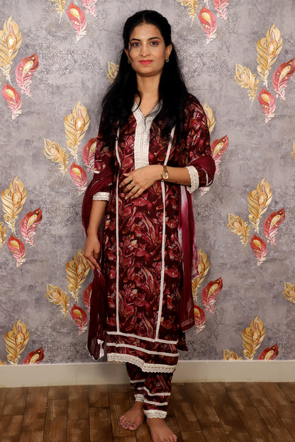 Maroon Floral Print Salwar Suit With Lace Detailing For Women & Girls