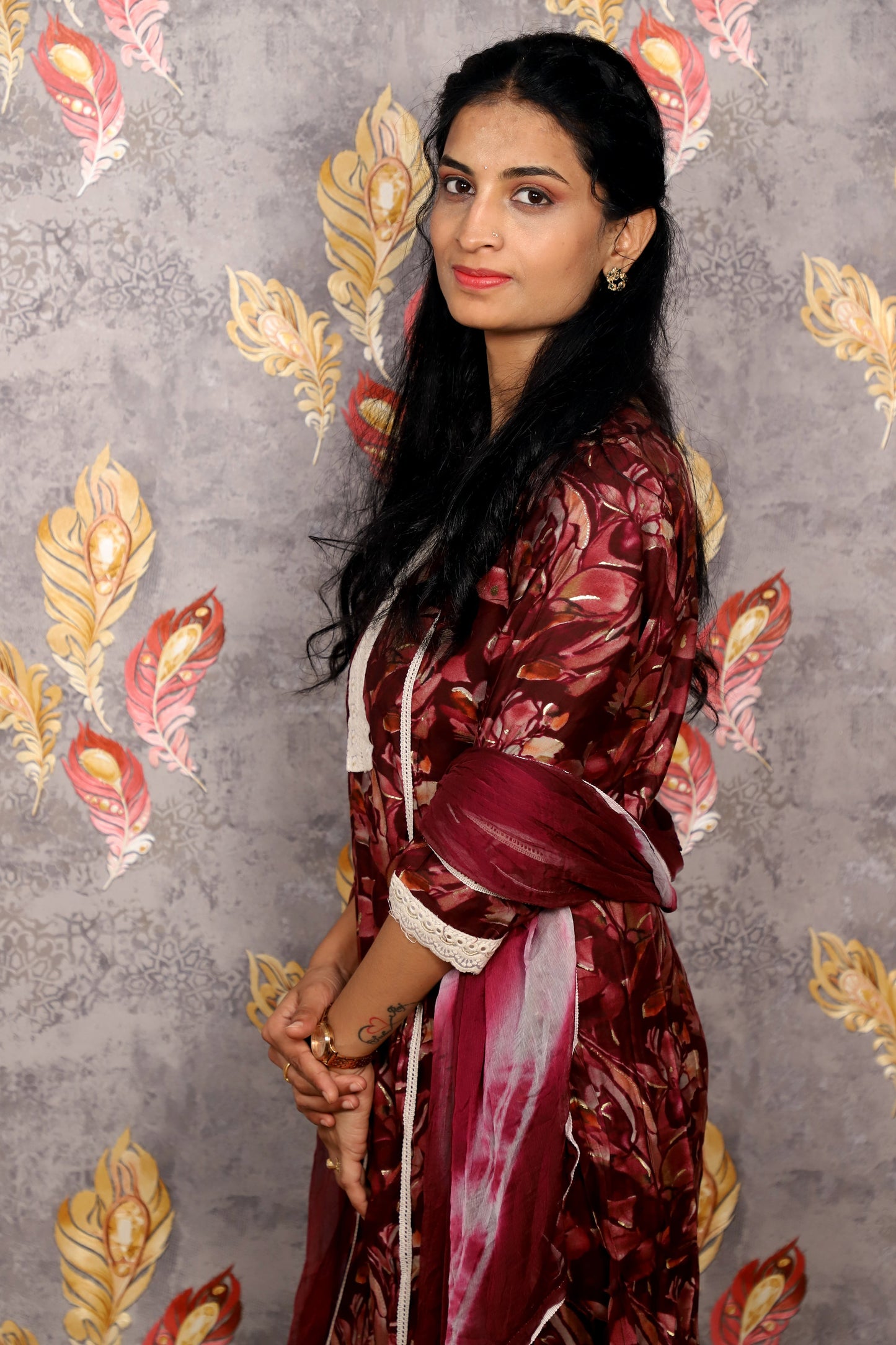 Maroon Floral Print Salwar Suit With Lace Detailing For Women & Girls