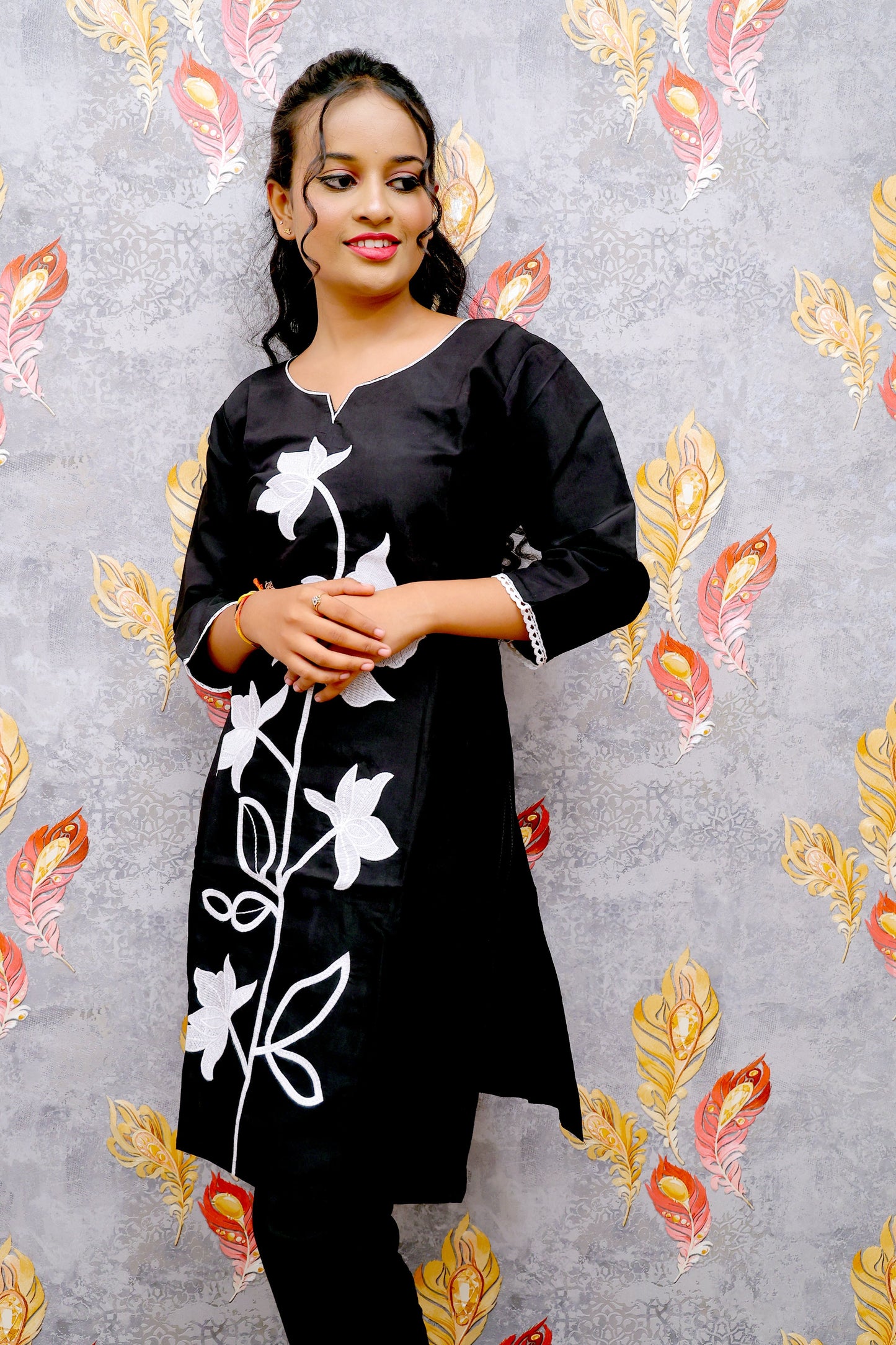 Black With White Chinon Floral Kurti For Women & Girls