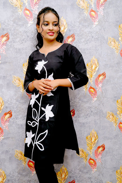 Black With White Chinon Floral Kurti For Women & Girls