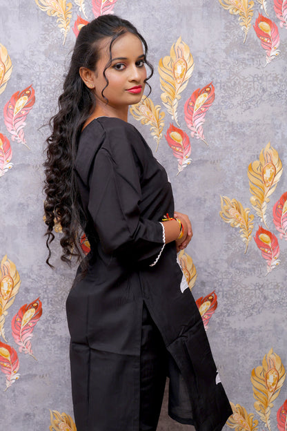Black With White Chinon Floral Kurti For Women & Girls
