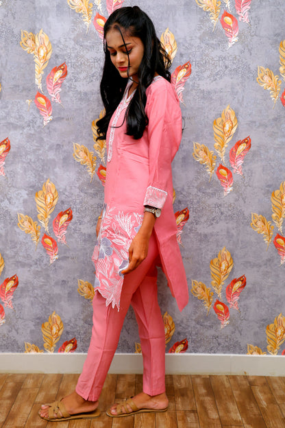 Pink Silk Two Piece Kurti With Embroidery Work For Women & Girls