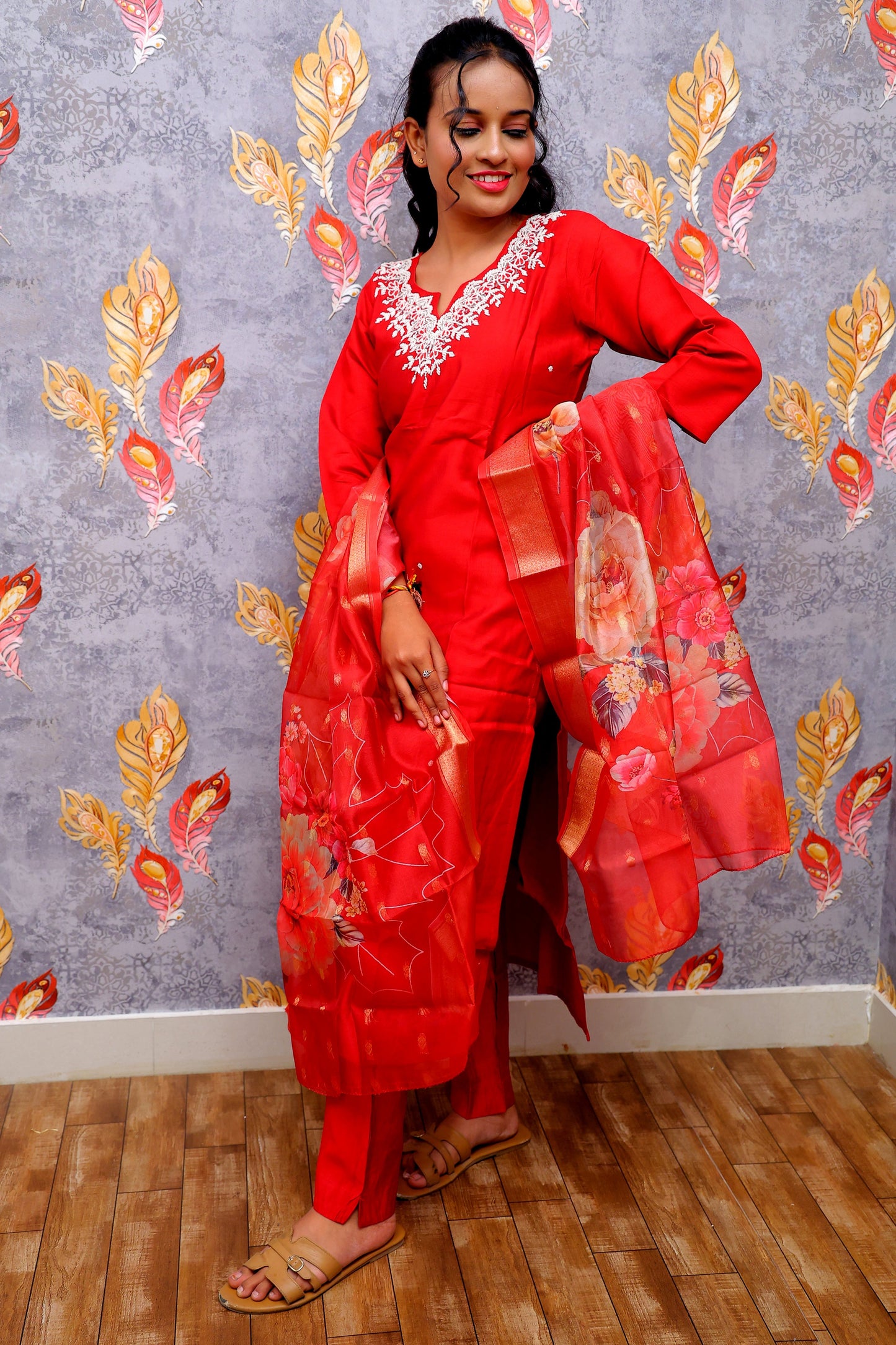 Red Kurti With Digital Printed Dupatta For Women & Girls