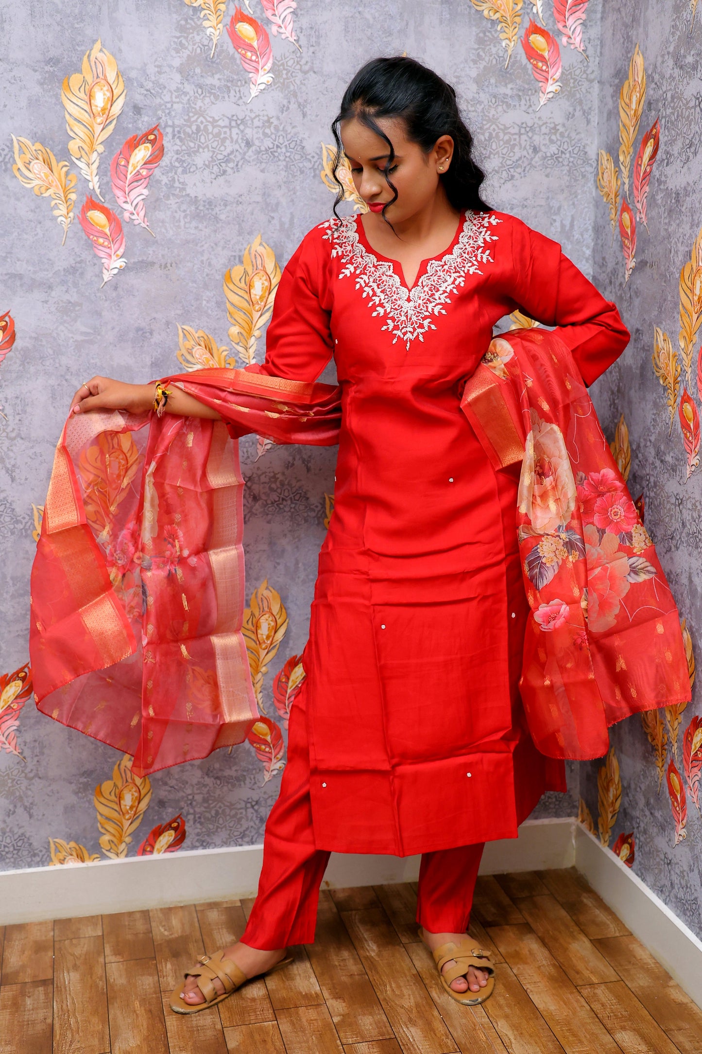 Red Kurti With Digital Printed Dupatta For Women & Girls