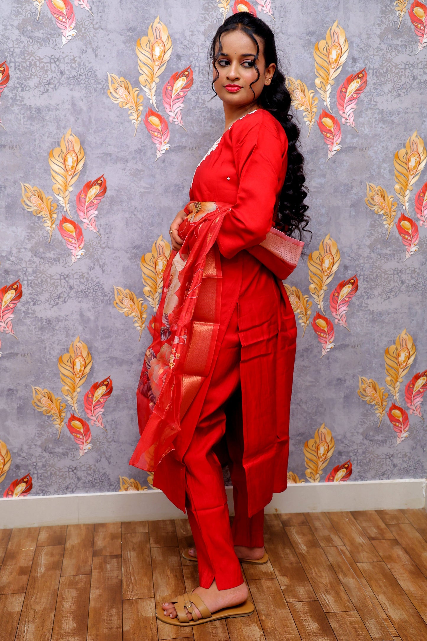 Red Kurti With Digital Printed Dupatta For Women & Girls