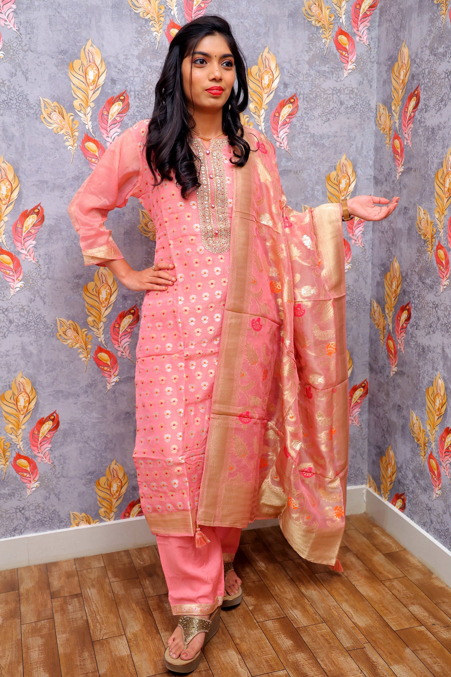 Pink Kurta With Floral Design For Women & Girls