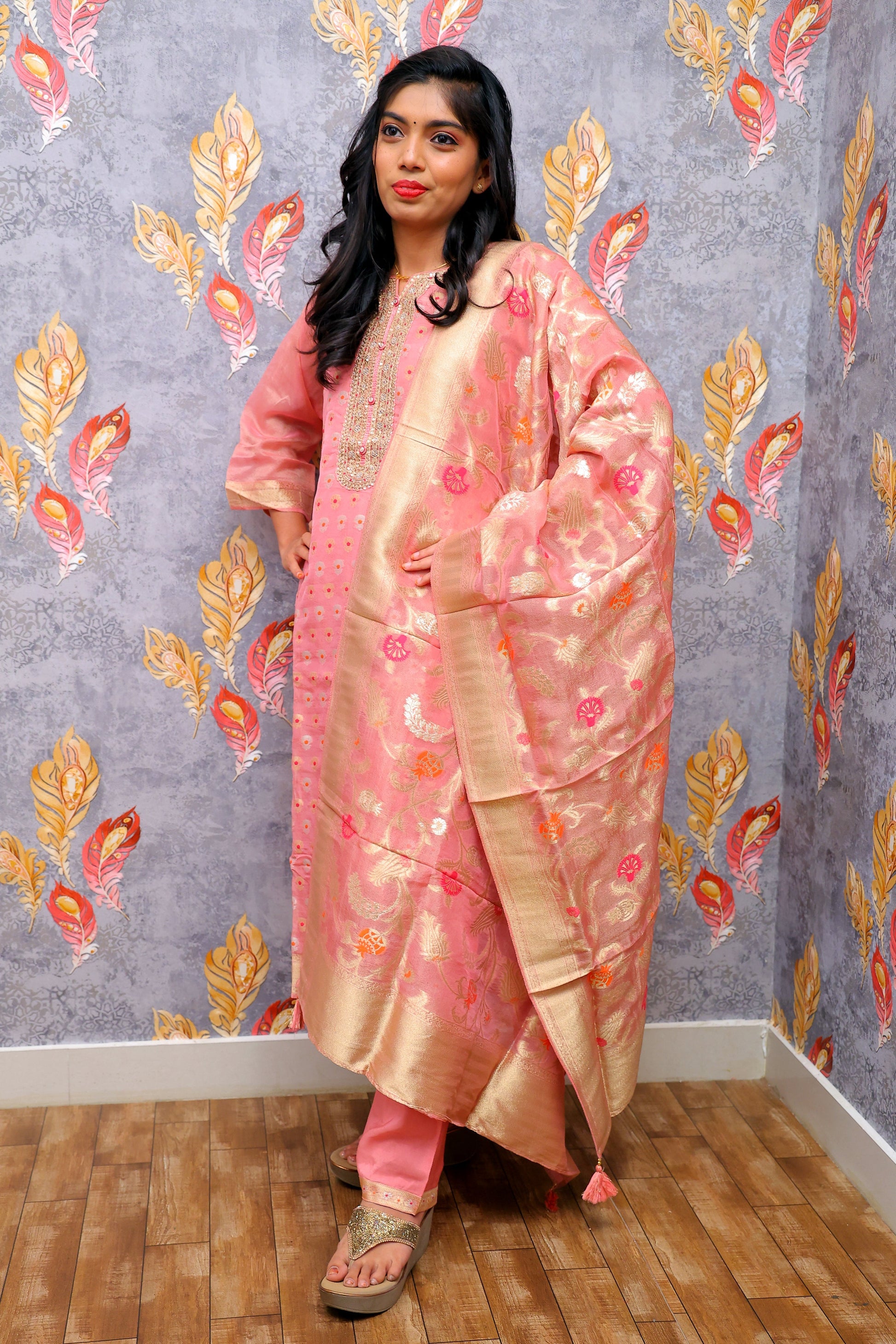 Pink Kurta With Floral Design For Women & Girls