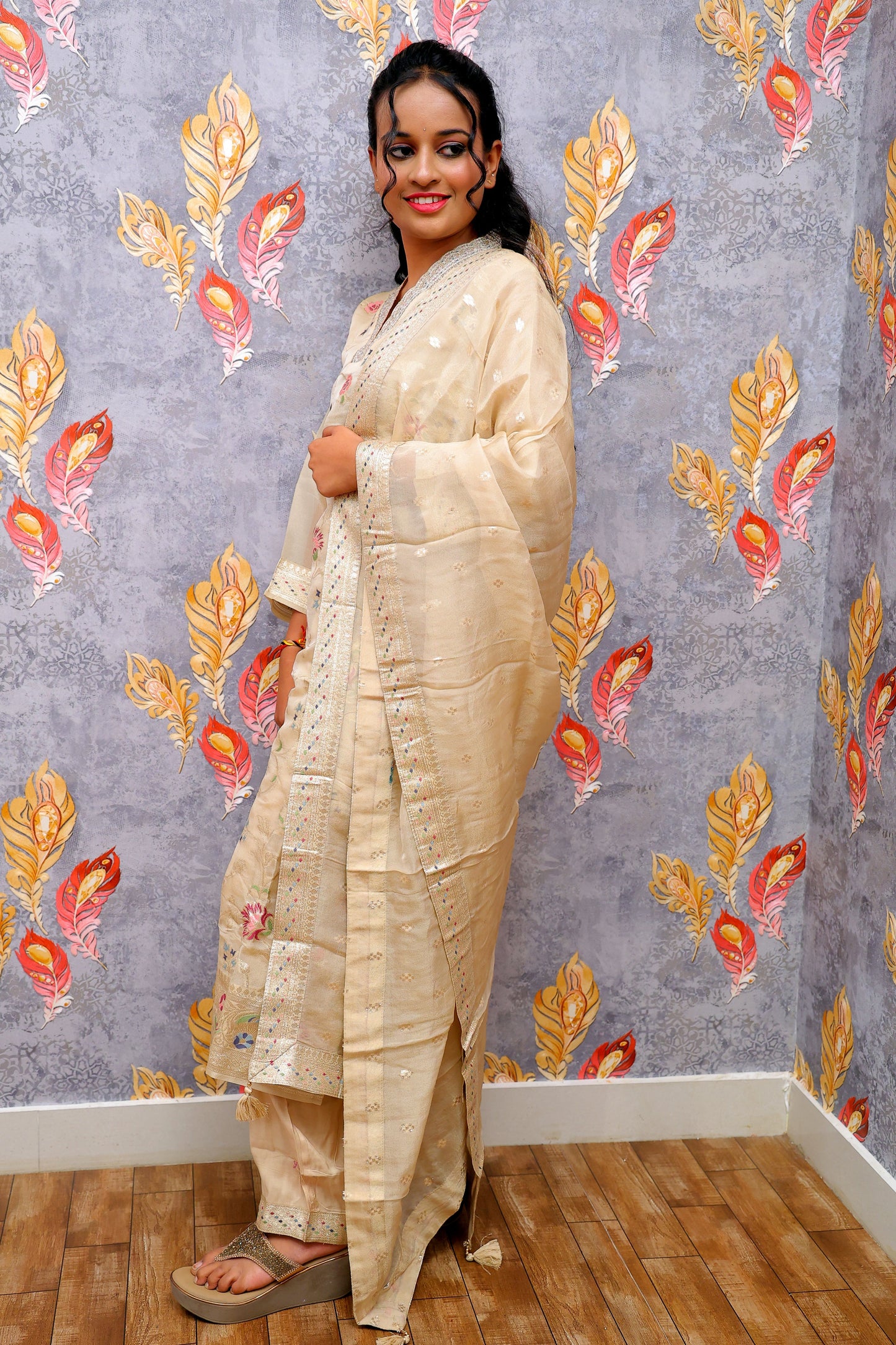 Cream Banarasi Tissue Kurti For Women & Girls