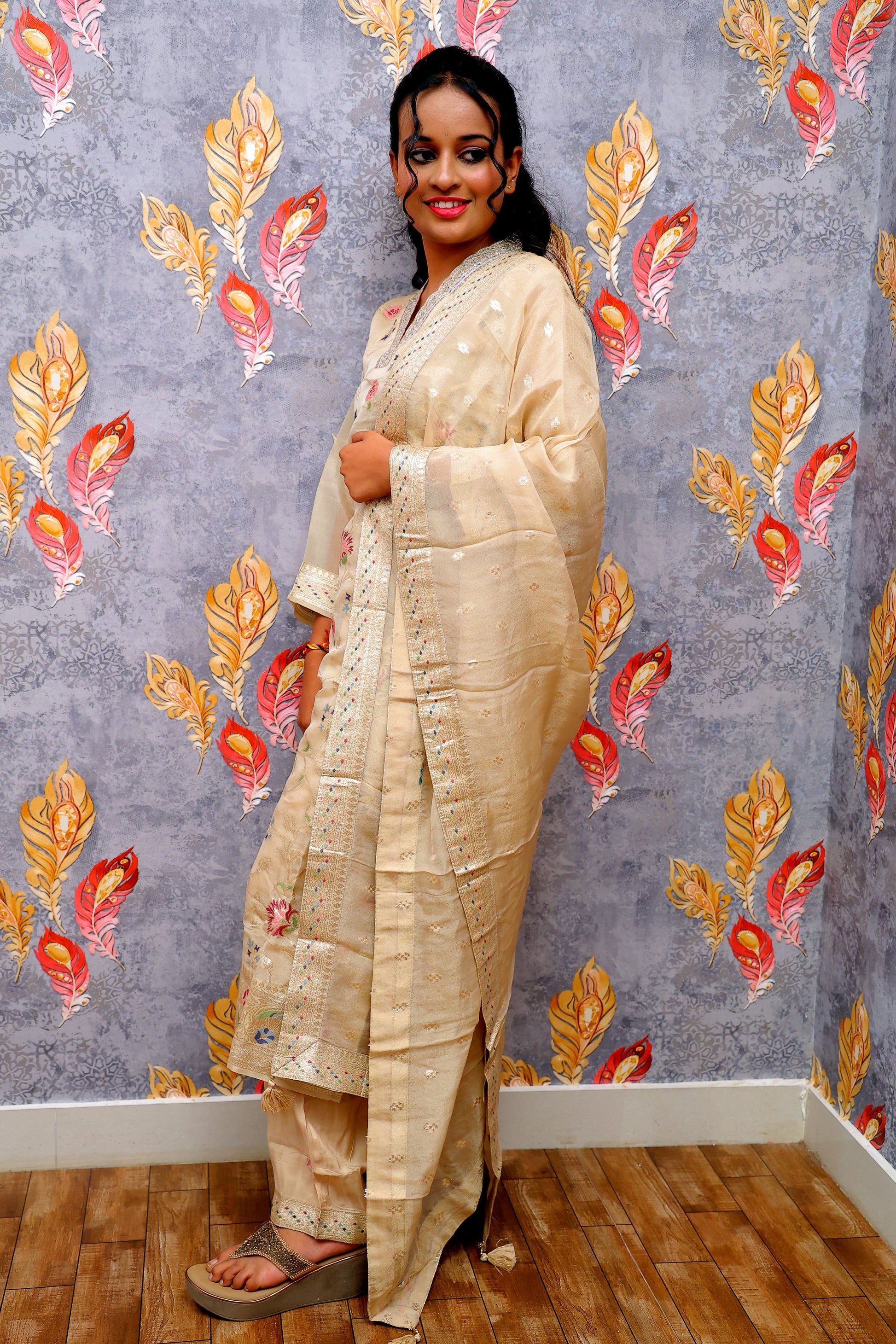 Cream Banarasi Tissue Kurti For Women & Girls