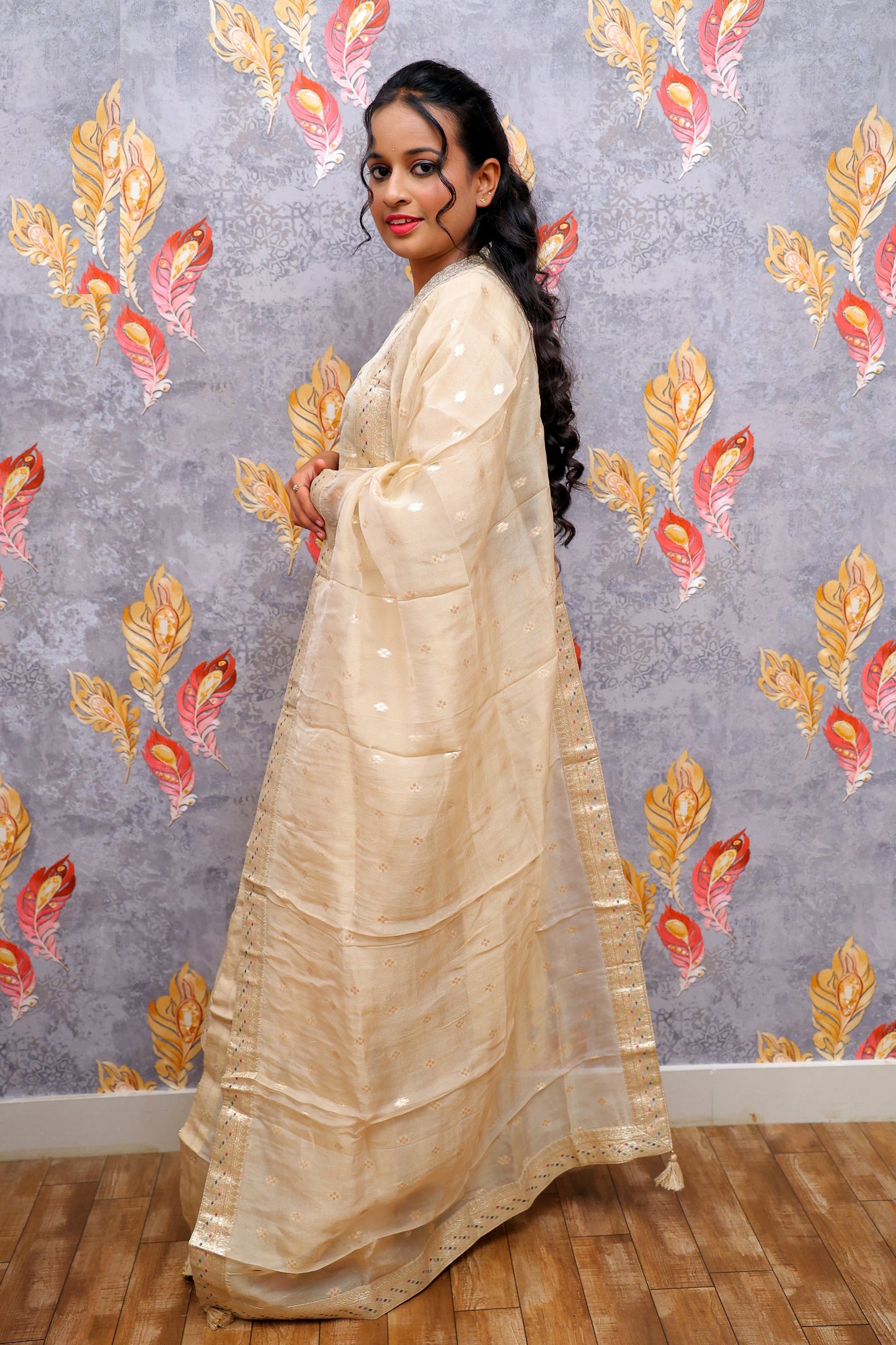 Cream Banarasi Tissue Kurti For Women & Girls