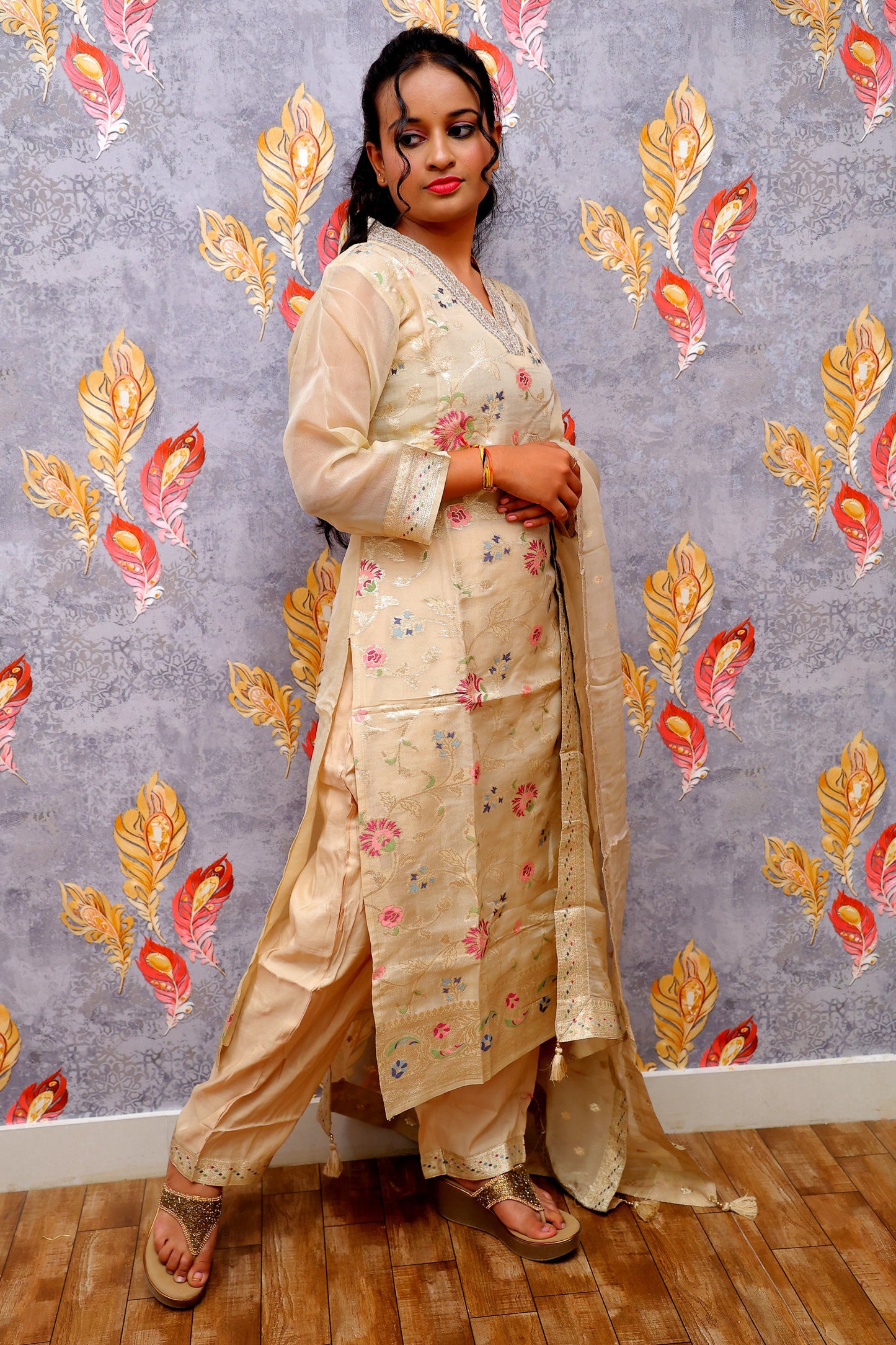 Cream Banarasi Tissue Kurti For Women & Girls