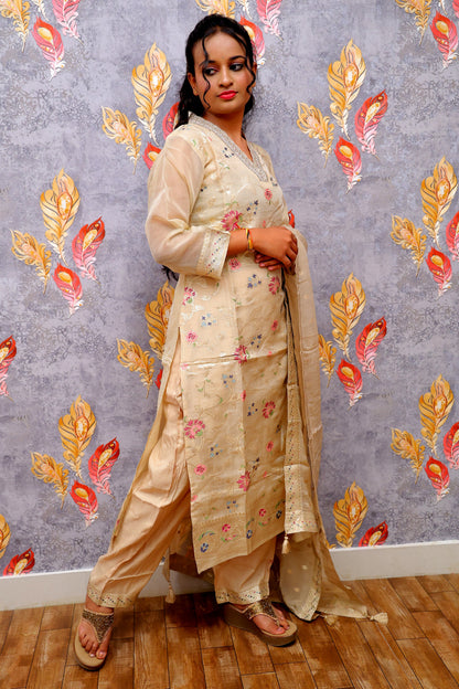 Cream Banarasi Tissue Kurti For Women & Girls