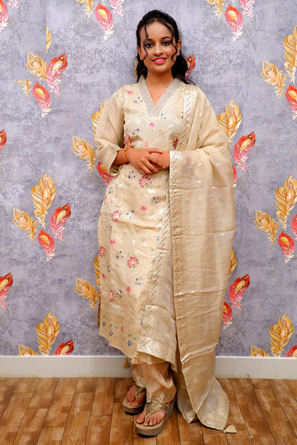 Cream Banarasi Tissue Kurti For Women & Girls