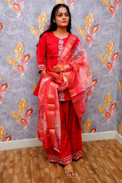 Red Embroidery Silk Kurti With Digital Print For Women & Girls